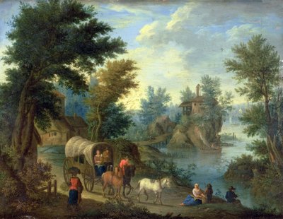 Paesaggio fluviale boscoso con viaggiatori da Peeter van Bredael